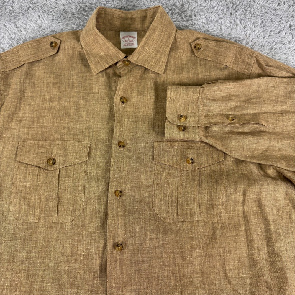 Brooks Brothers Mens‎ L Irish Linen Safari Button Down Shirt Tan Traditional Fit